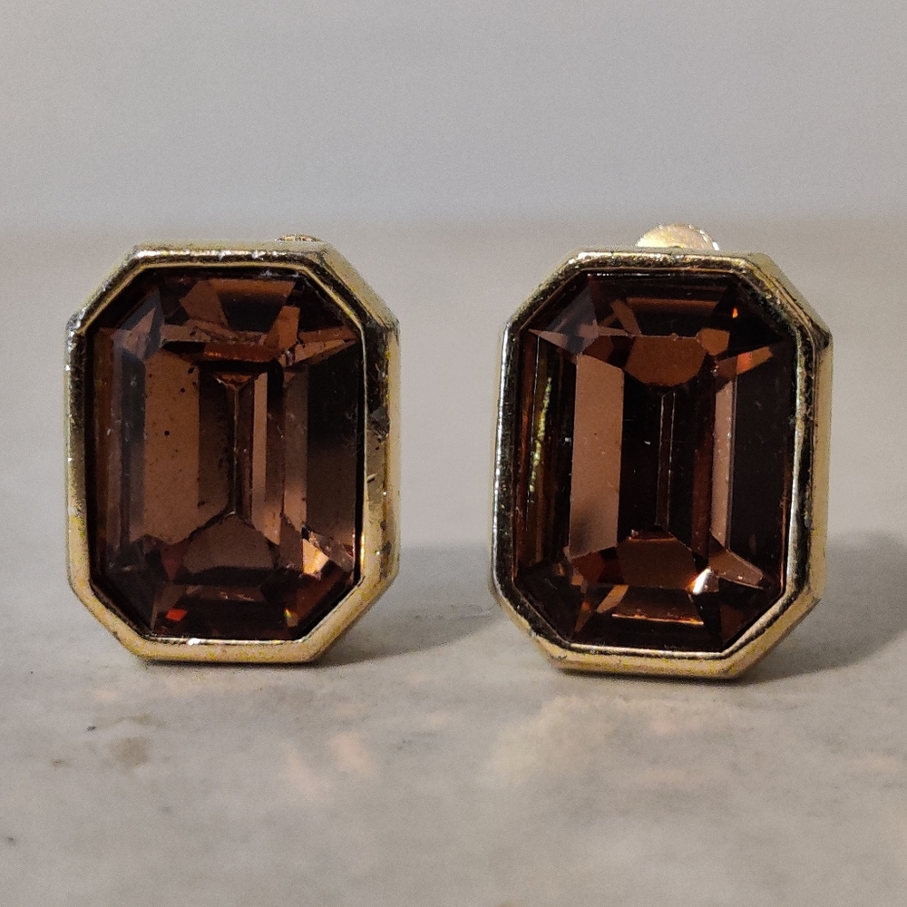 Vintage Signed Ciner Smoky Topaz Glass Earrings